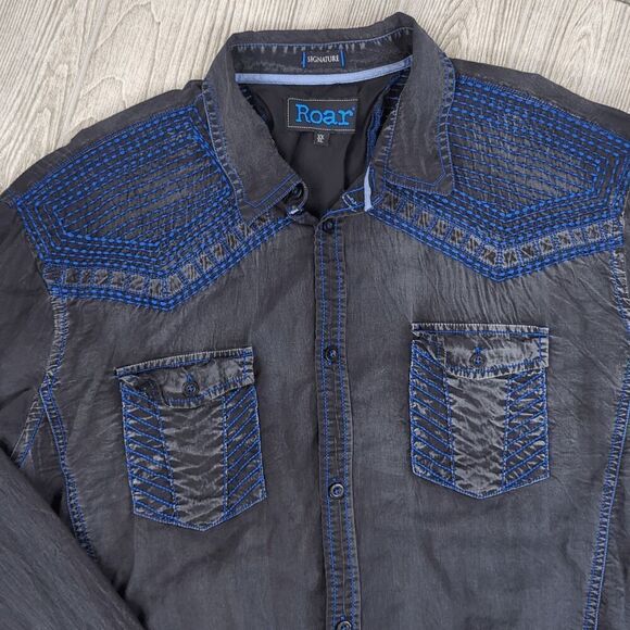 Signature Roar Men's Size XL Black Blue Western Ranch Cowboy Button Down Shirt - Picture 11 of 12